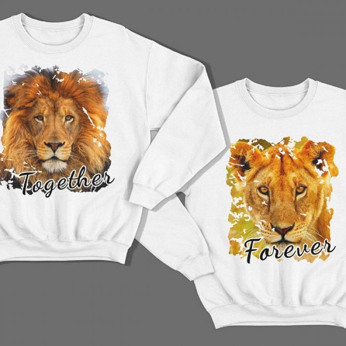Парные свитшоты для влюбленных со львом и львицей "Together forever"
